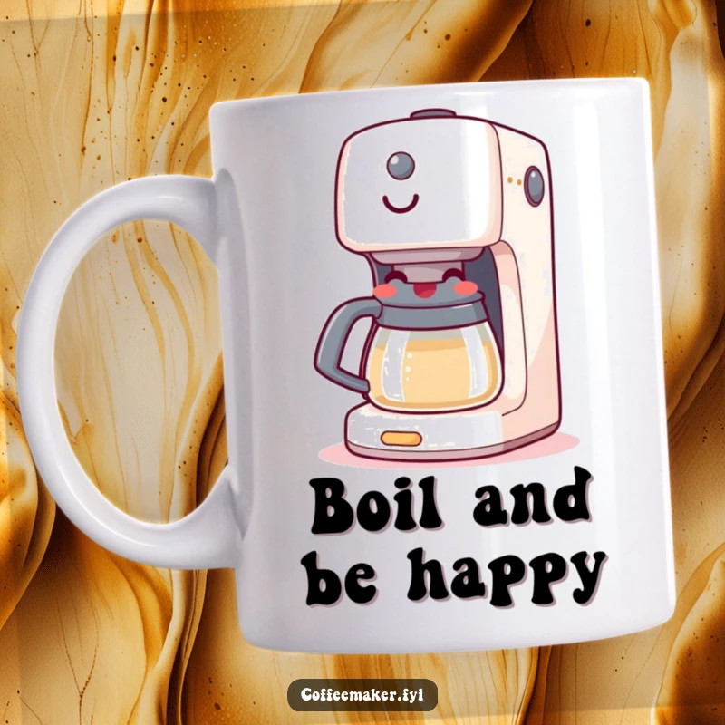 Funny coffee mug depicting a coffee maker machine joyfully boiling with a wide, cheerful grin, ready to make your day.