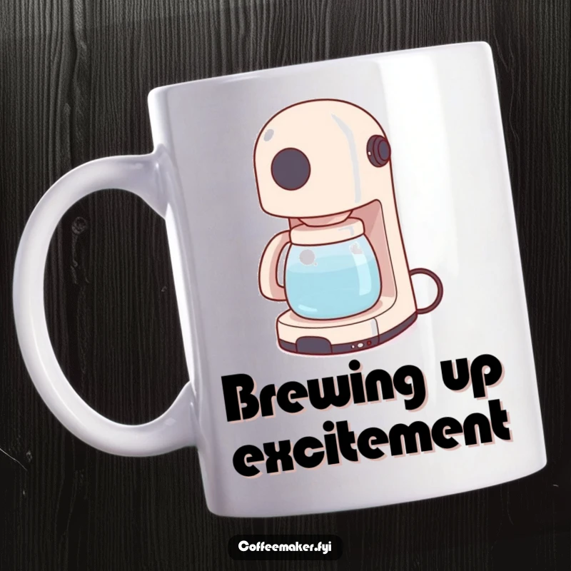 Funny mug showing a tiny, cheerful coffee maker wiggling its power cord like a playful tail, radiating quirky energy.