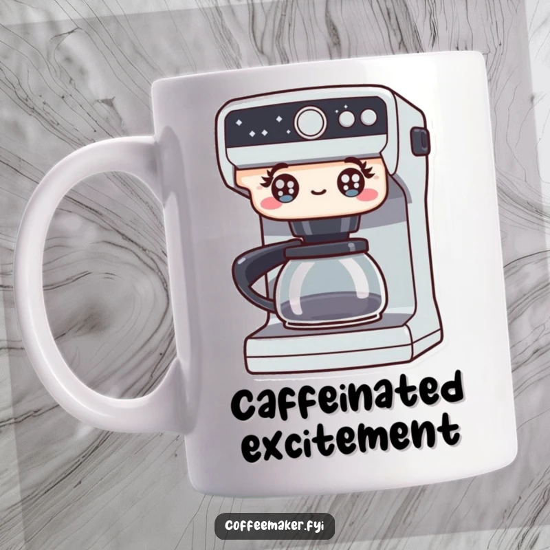Funny mug showing a coffee maker with wide, bright, excited eyes, personifying the thrill of making and enjoying coffee. A cheerful and humorous item.