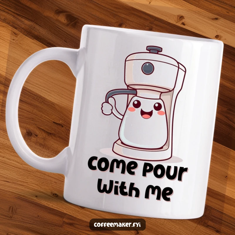 Funny Kawaii coffee maker character with an open handle, inviting gesture, cheerful and friendly design.