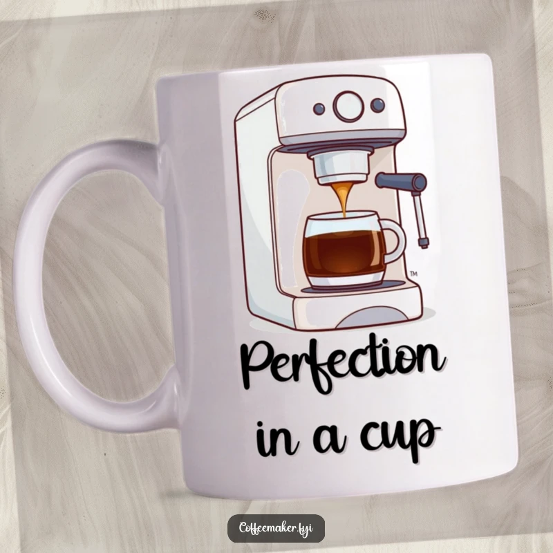 Funny coffee mug showing a coffee maker machine proudly dispensing a perfect stream of dark, rich coffee.