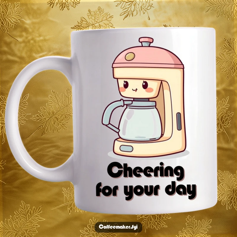 Funny Cheering Coffee Maker Mug: Coffee machine with spout extended, acting as if cheering loudly for a great brew.