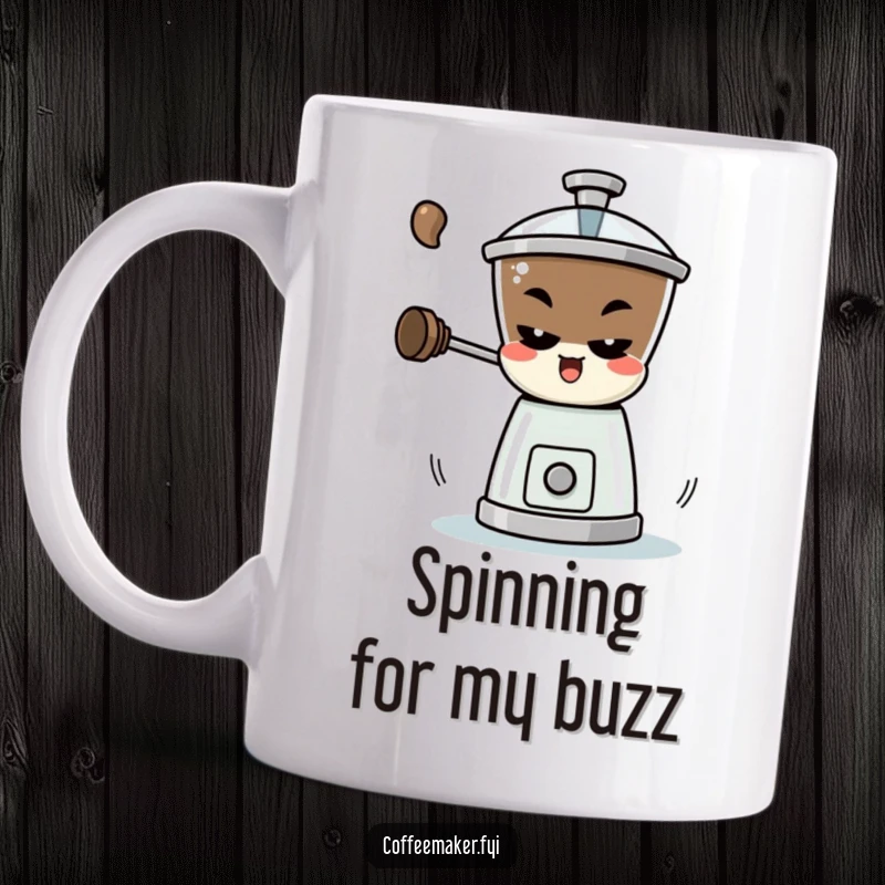 Funny Mug: A playful coffee grinder character with a mischievous look, spinning rapidly to create aromatic coffee.