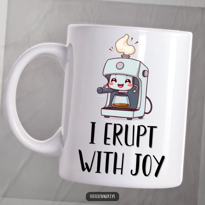 Funny Mug: A grinning coffee machine character spraying a celebratory geyser of steam, signifying pure coffee power.