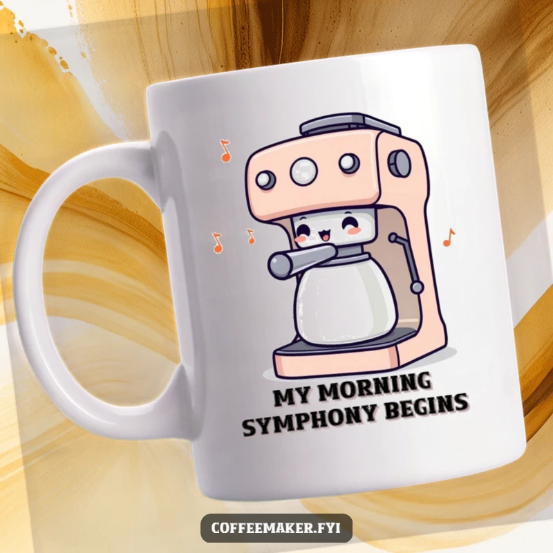 Funny mug featuring a coffee maker character enthusiastically wiggling its knobs like a conductor leading an orchestra with pure joy.