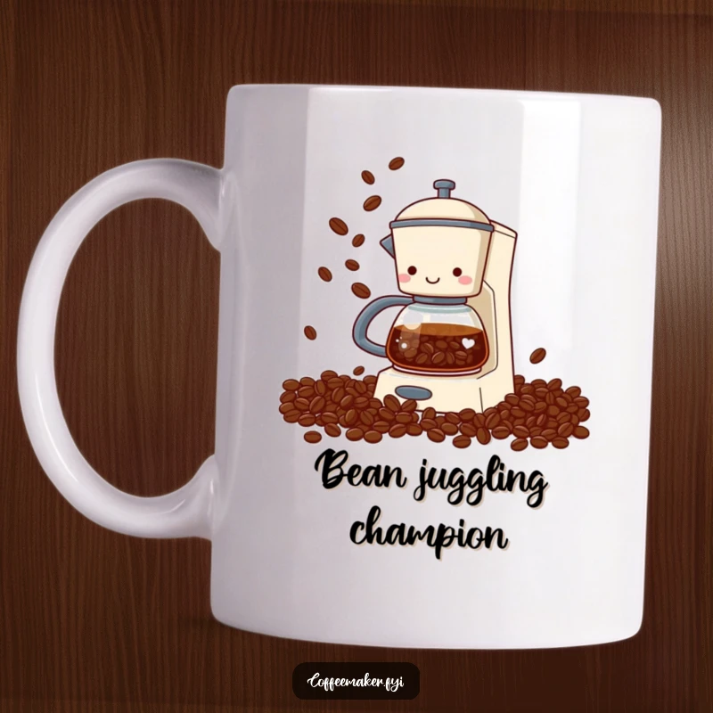 Funny coffee maker mug with a whimsical design of a coffee maker expertly juggling coffee beans with its spout, showcasing a playful personality.