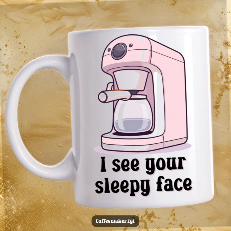 Funny coffee maker mug featuring a machine playfully winking its light, adding a cheerful touch.