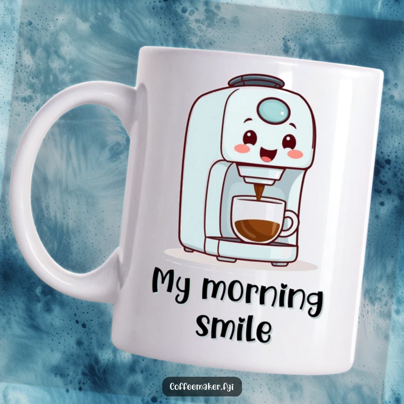Funny coffee maker machine with a big smile, happily dispensing a stream of coffee into a cup, on a coffee mug.
