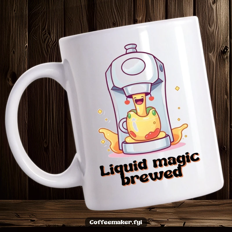 Funny, cheerful coffee maker character joyfully dispensing a cascade of colorful, sparkling liquid into a mug.