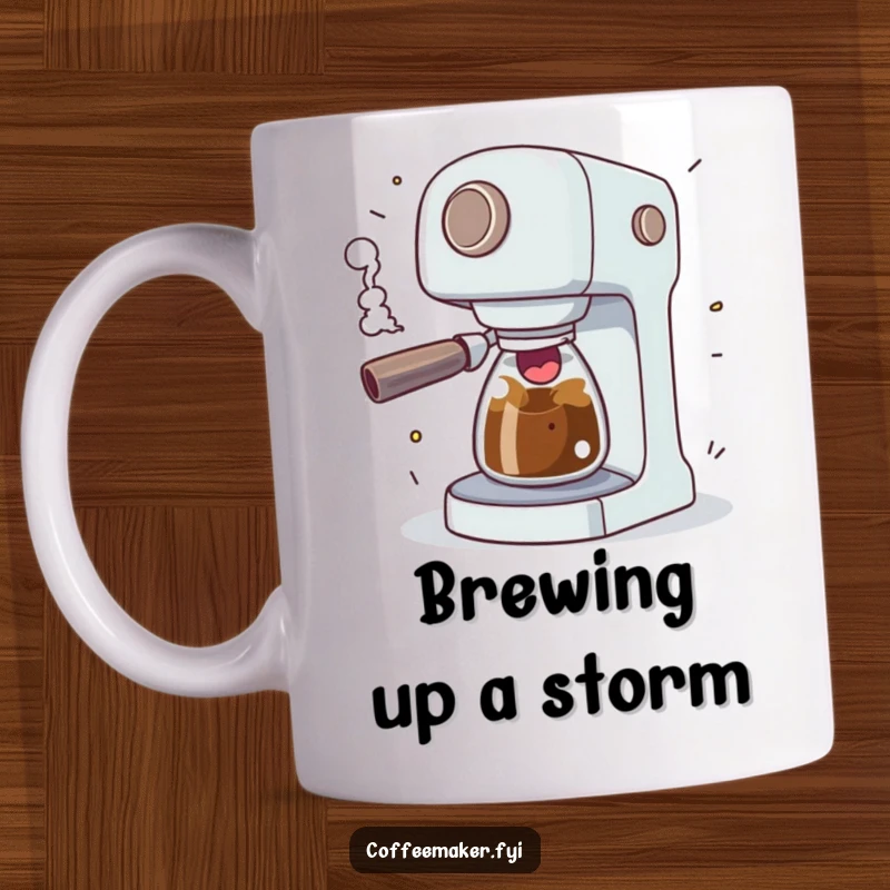 Funny coffee maker character comically sputtering with excitement, steam erupting in playful bursts, very animated.