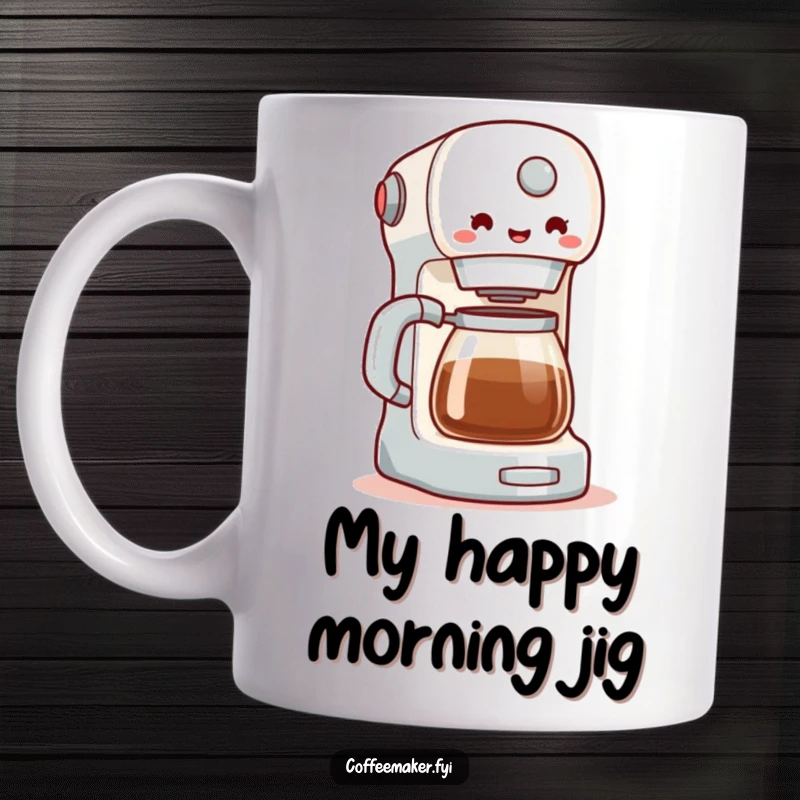 Funny mug showing a coffee maker with a joyful wobble, personified with happy energy, perfect for a morning caffeine boost. A delightful gift.