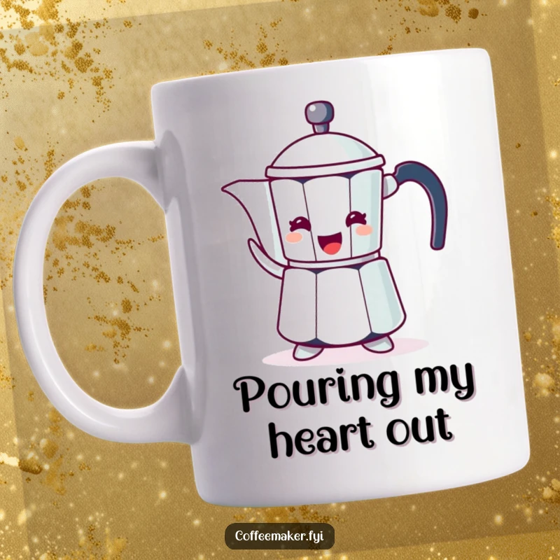 Funny coffee pot character mug, illustrated gesturing enthusiastically with its spout, pouring out laughter.