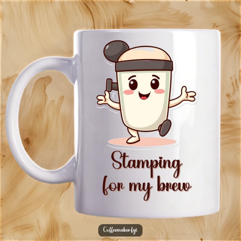 Funny Mug: A smiling coffee tamper character doing a determined, stamping dance, signifying perfect coffee preparation.