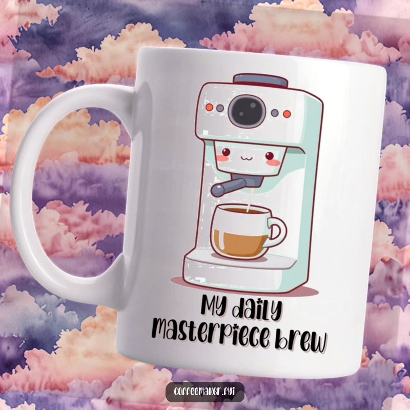 Funny Coffee Maker Mug: Cute machine gleefully dispensing hot coffee, radiating joy and perfect morning vibes.