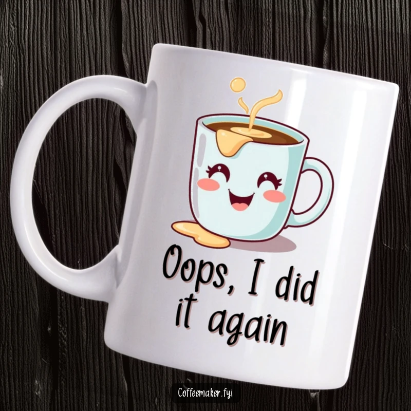 Funny coffee mug with a cute character, beaming with a happy face and playfully spilling coffee, bringing a smile.