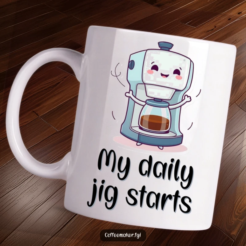 Funny mug featuring a coffee maker character joyfully dancing with energetic steam trails, radiating happiness and a love for coffee.