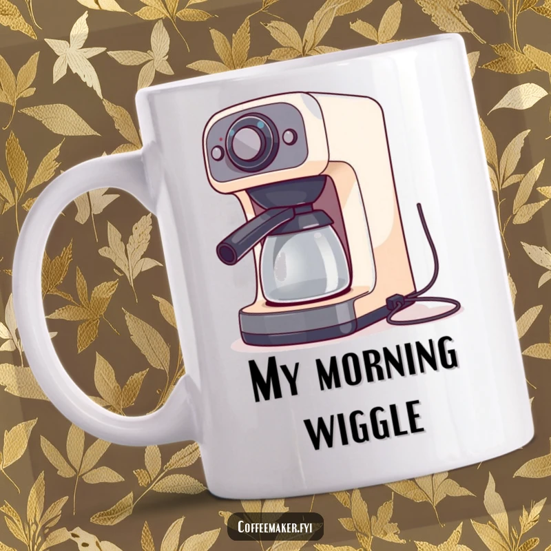 Funny coffee maker machine doing a silly dance, its cords moving rhythmically, depicted on a coffee mug.