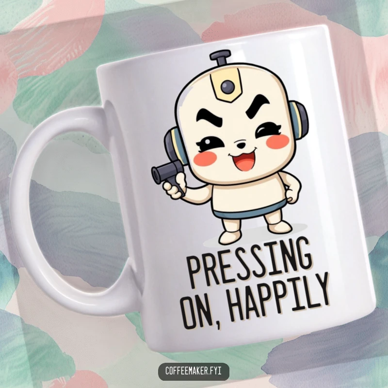 Funny French press mug featuring a determined character pumping, symbolizing motivation and coffee brewing for enthusiasts.