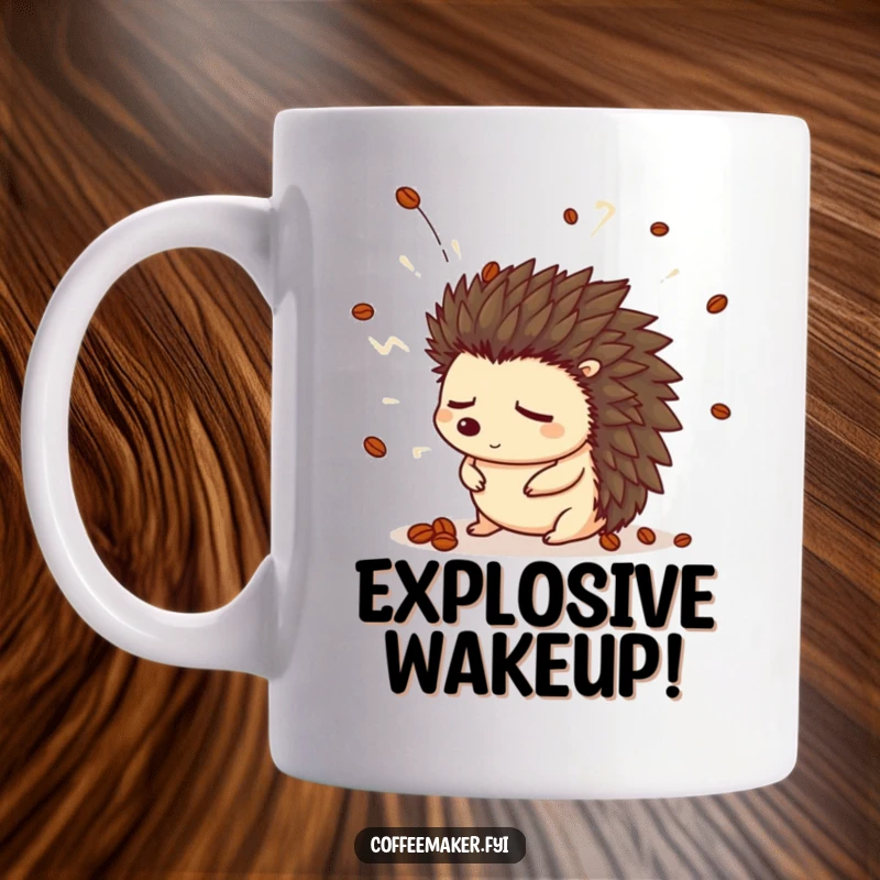Funny hedgehog mug showing a sleepy hedgehog in a coffee bean hat startled by an explosion of steam.