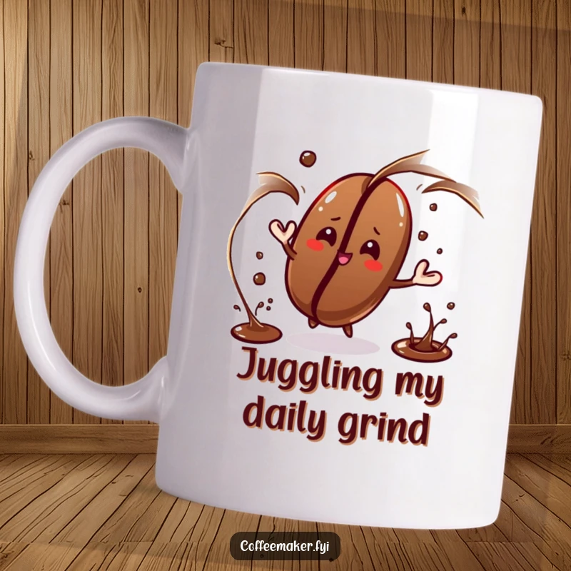 Funny coffee bean character skillfully juggling small streams of dark liquid, showcasing impressive coffee-making.