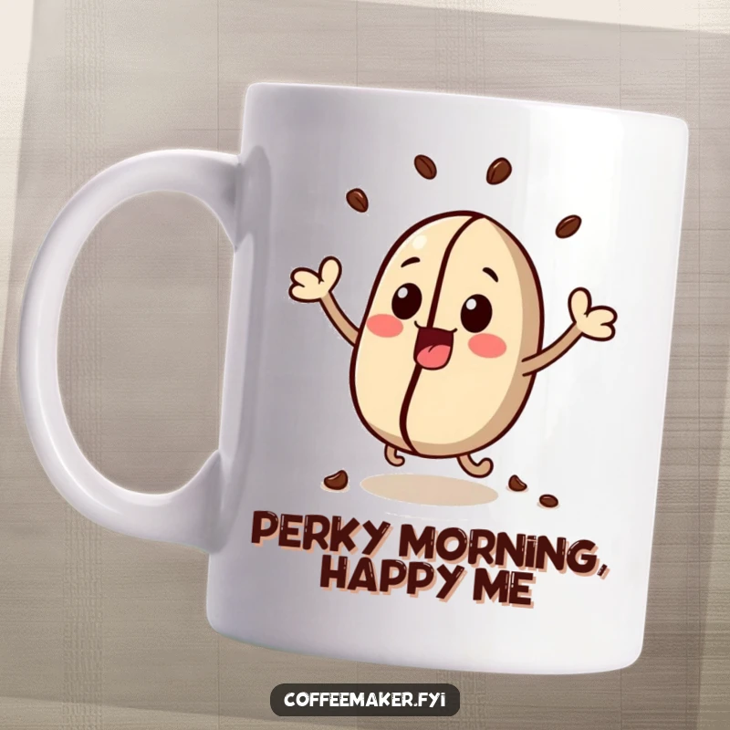 Funny kawaii coffee bean character, illustrated bouncing with extreme excitement, full of energy, on a mug.