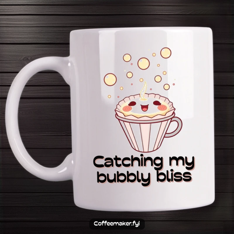 Funny Kawaii Coffee Filter Mug happily catching bubbly delight, a cute and humorous gift for coffee enthusiasts.