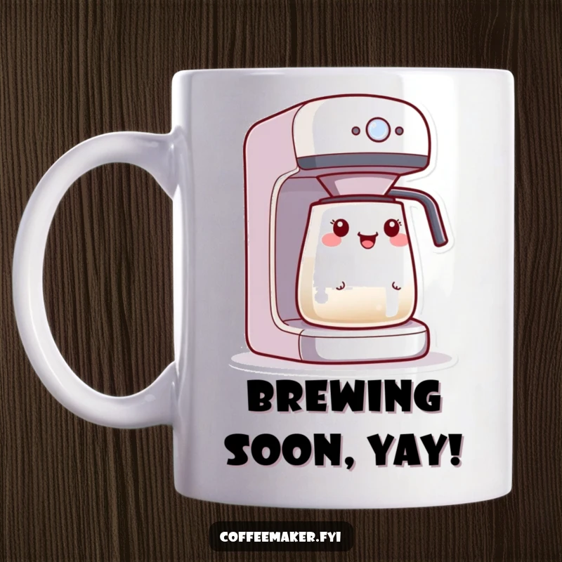 Funny Kawaii coffee maker character excited, watching a blinking brewing light, anticipating delicious coffee.