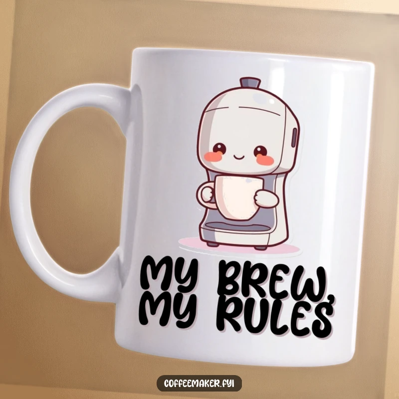 Funny Kawaii coffee maker character smiling proudly, holding a steaming cup of coffee, representing morning joy and perfect brews.