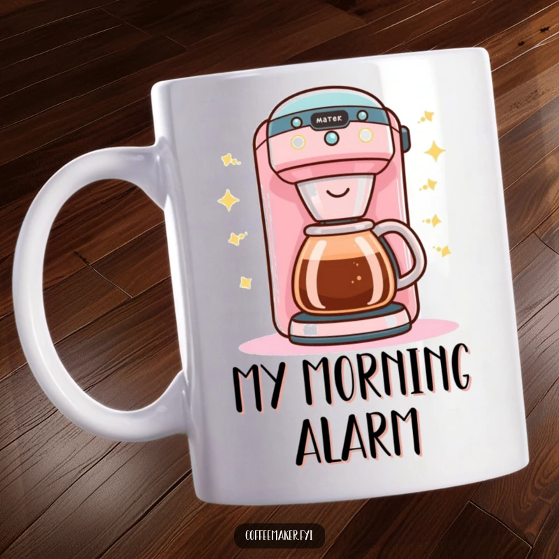 Funny Kawaii coffee maker mug with bright happy lights, buzzing with energy and morning cheer.