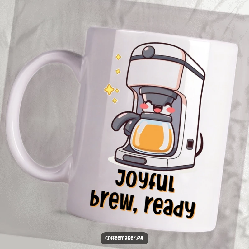 Funny Kawaii Coffee Maker Mug featuring a character happily bubbling with joy, spreading cheer and humor.