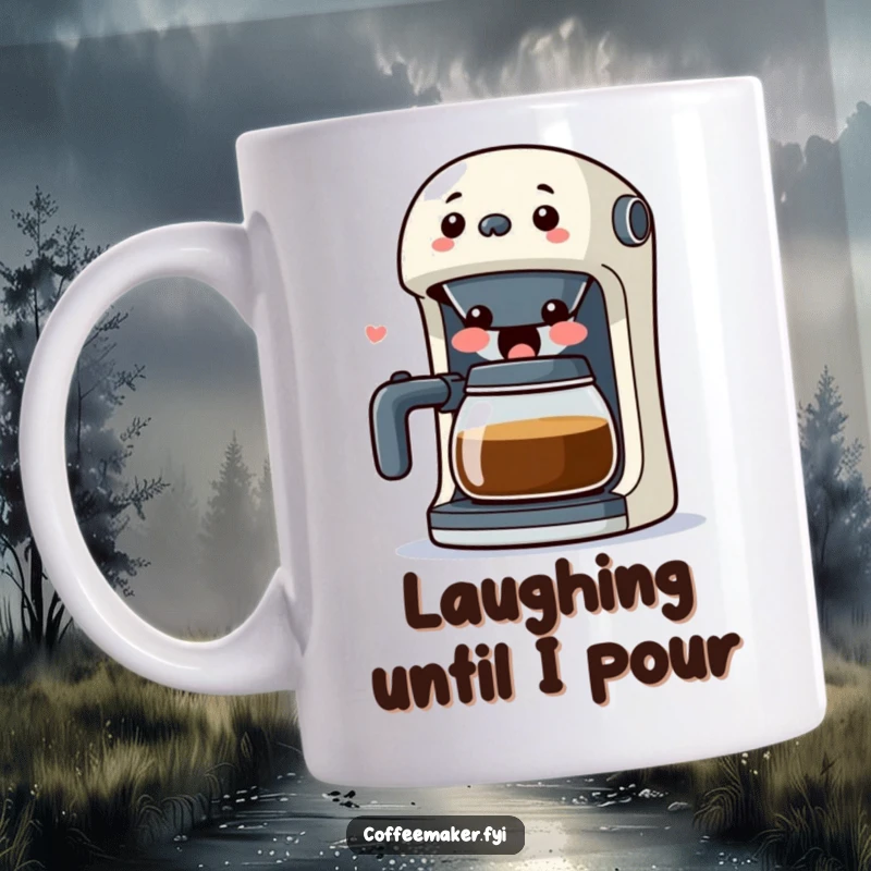 Funny Kawaii Coffee Maker Mug showing a surprised character with spout open wide in laughter, expressing pure comedic joy.
