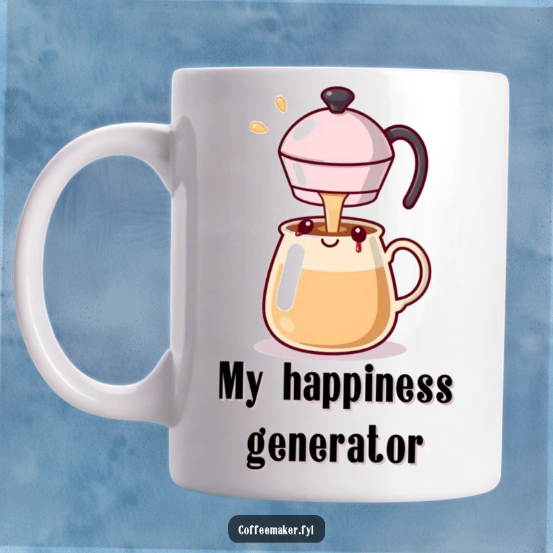 Funny Kawaii coffee pot mug happily pouring a stream of golden happiness, celebrating joy and good vibes.