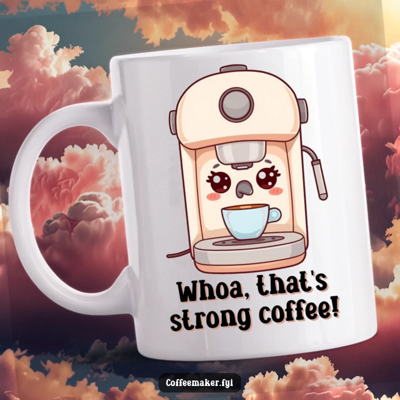 Funny Kawaii Espresso Machine Mug with wide, surprised eyes, depicting the shock of brewing coffee, a humorous gift for enthusiasts.