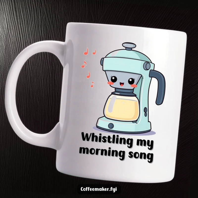 Funny Kawaii Percolator Mug whistling a silly tune with cheerful vibes, a musical and humorous gift for coffee drinkers.