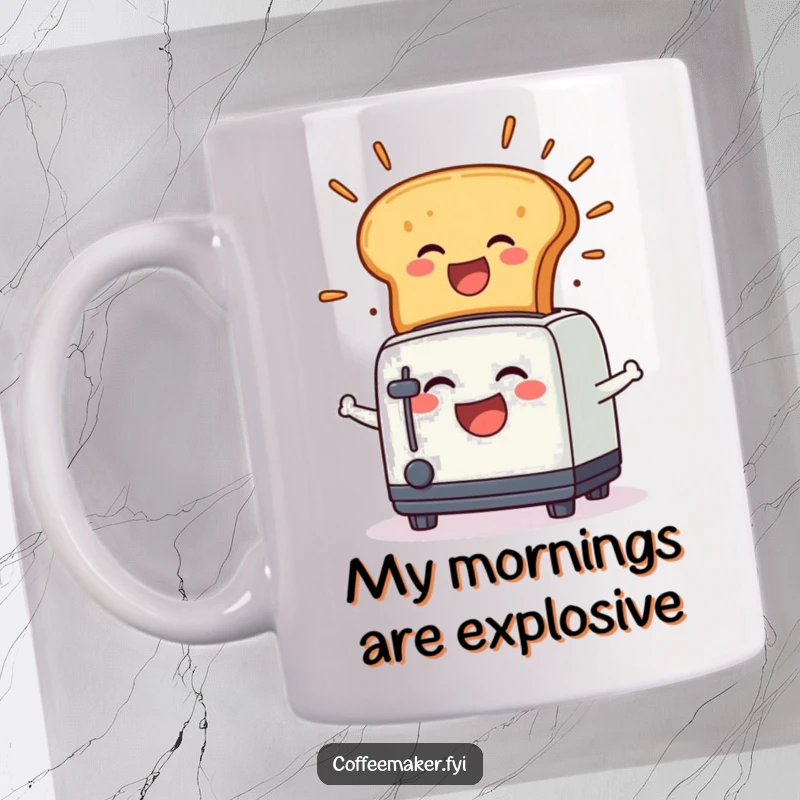 Funny Mug: A laughing toaster character joyfully popping up toast with an explosion, radiating pure morning mirth.