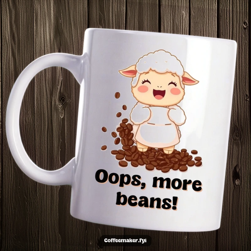 Funny Coffee Mug: A fluffy sheep in an apron giggles while spilling a cascade of coffee beans.