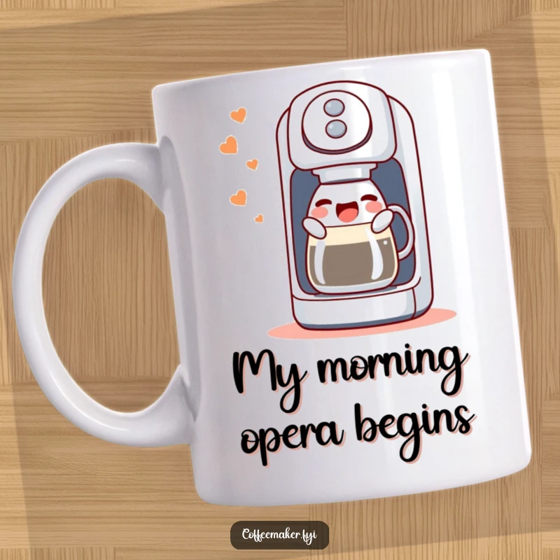 Funny coffee maker mug with a cheerful face, joyfully singing and gurgling its favorite morning tune, spreading happiness and caffeine.