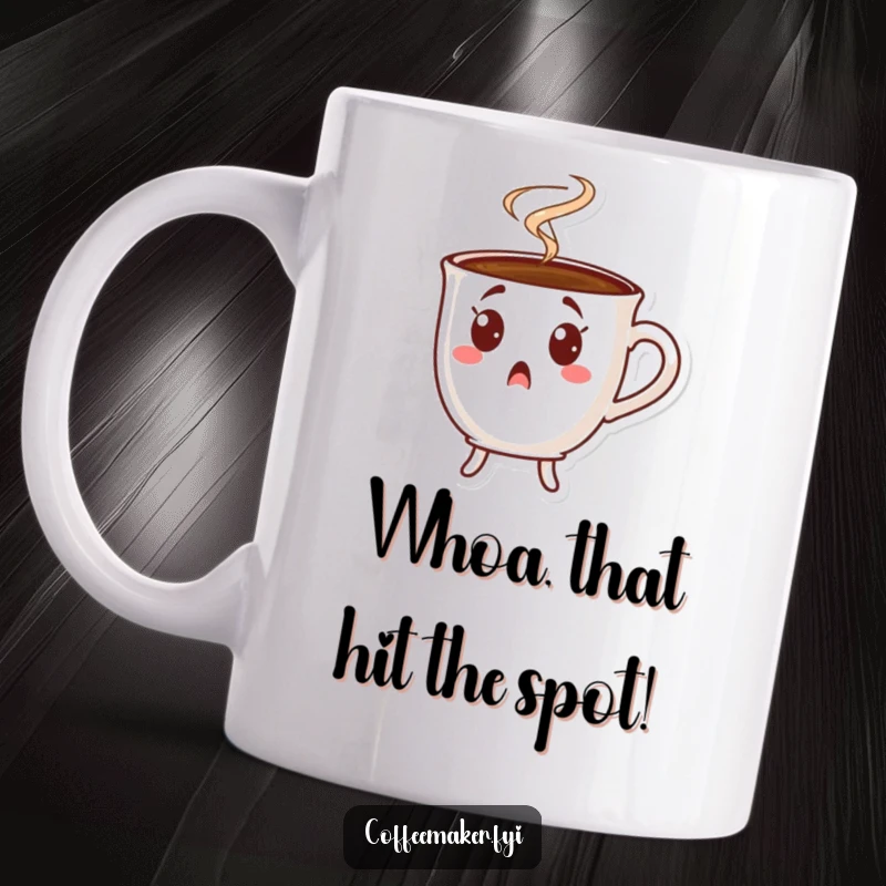 Funny coffee cup mug with wide eyes and steam erupting from surprise, perfect for a jolt of humor.