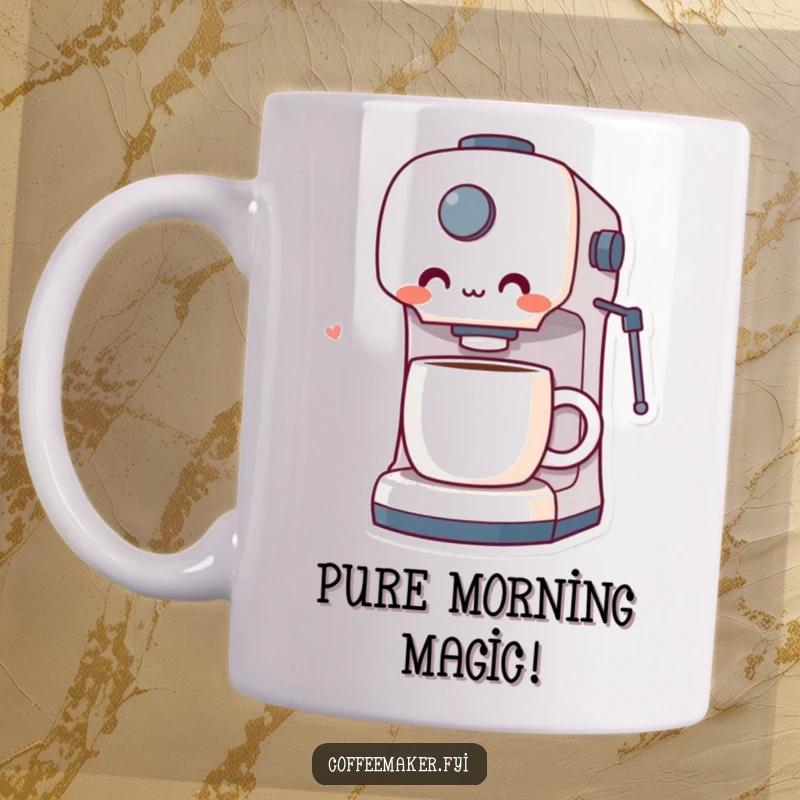 Funny mug featuring a coffee maker character with wide, delighted eyes, surprised and happy at a perfectly brewed cup of coffee.