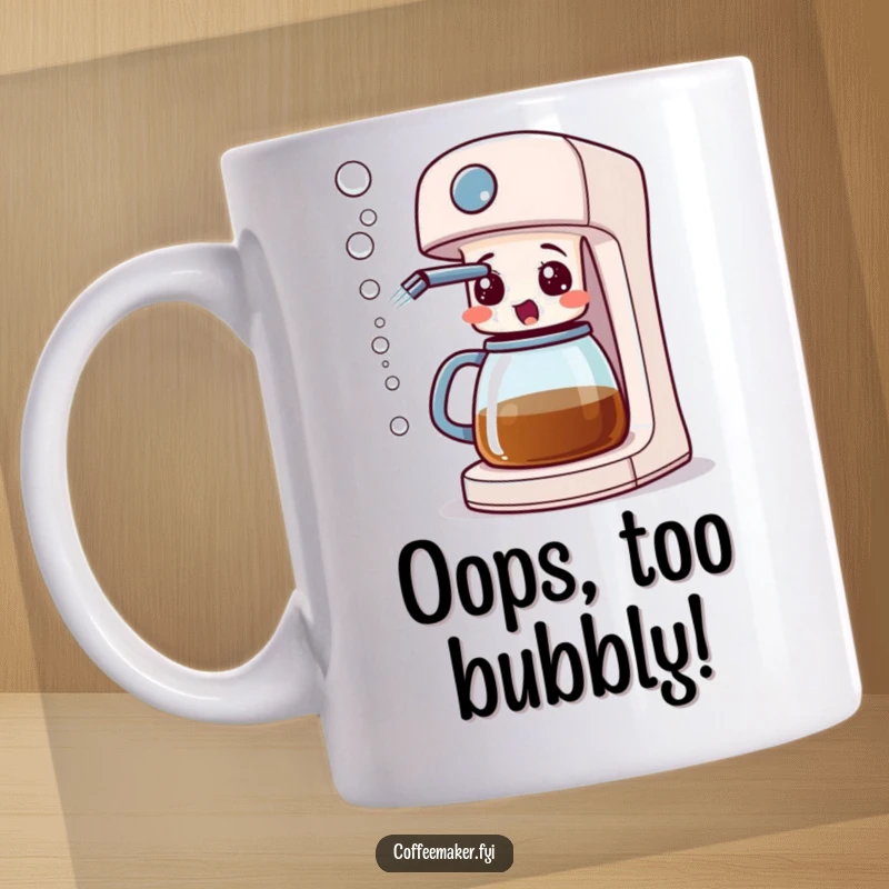 Funny coffee maker machine looking surprised with its spout spraying bubbles, depicted on a coffee mug.