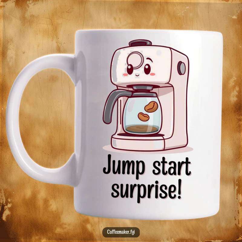 Funny coffee mug depicting a surprised coffee maker machine as a tiny coffee bean makes a daring leap out.