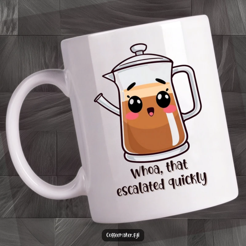 Funny coffee pot mug with a surprised, bubbling expression, perfect for a humorous, relatable gift for coffee lovers.