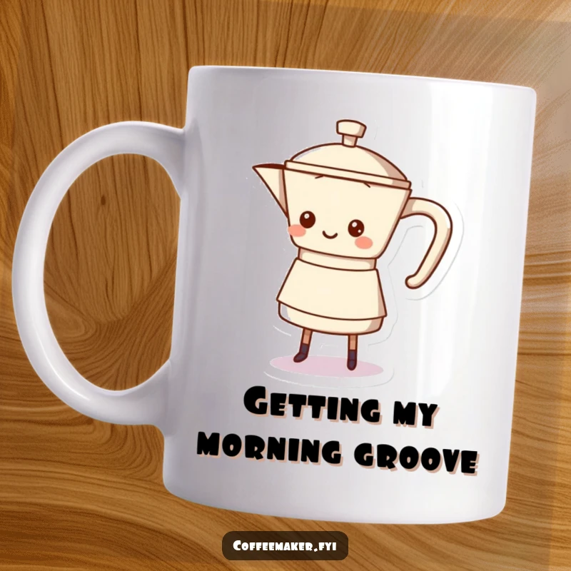 Funny coffee pot character doing a happy shuffle dance with its base, promoting joyful coffee moments.