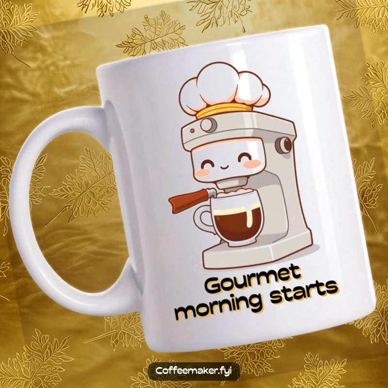 Funny mug featuring a coffee maker character wearing a chef hat, presenting a fancy cup of coffee with pride and culinary expertise.