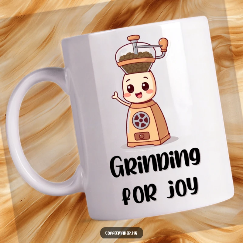 Funny cartoonish coffee grinder character happily spinning its mechanism with energetic lines, radiating positive vibes on a mug.