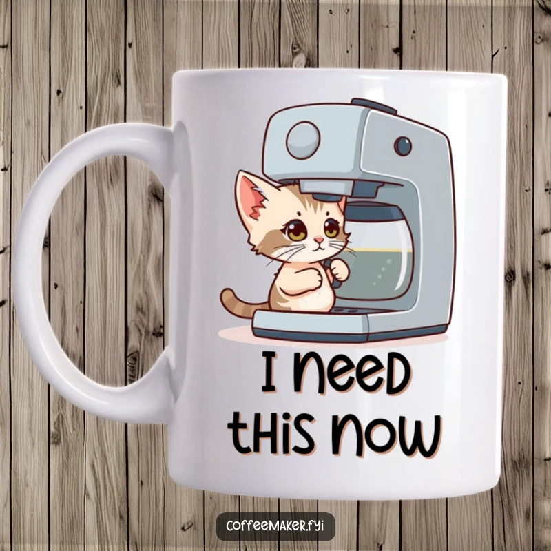 Funny Coffee Mug: A tiny kitten with wide eyes heroically tries to use a giant coffee maker, looking determined.