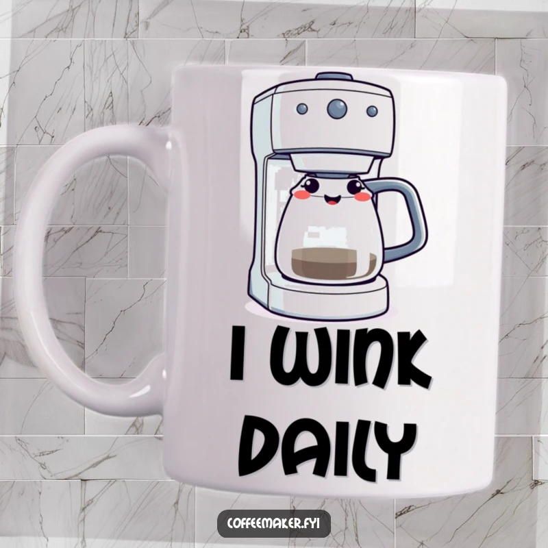 Funny coffee maker machine winking with its indicator light on, depicted on a cheerful coffee mug.