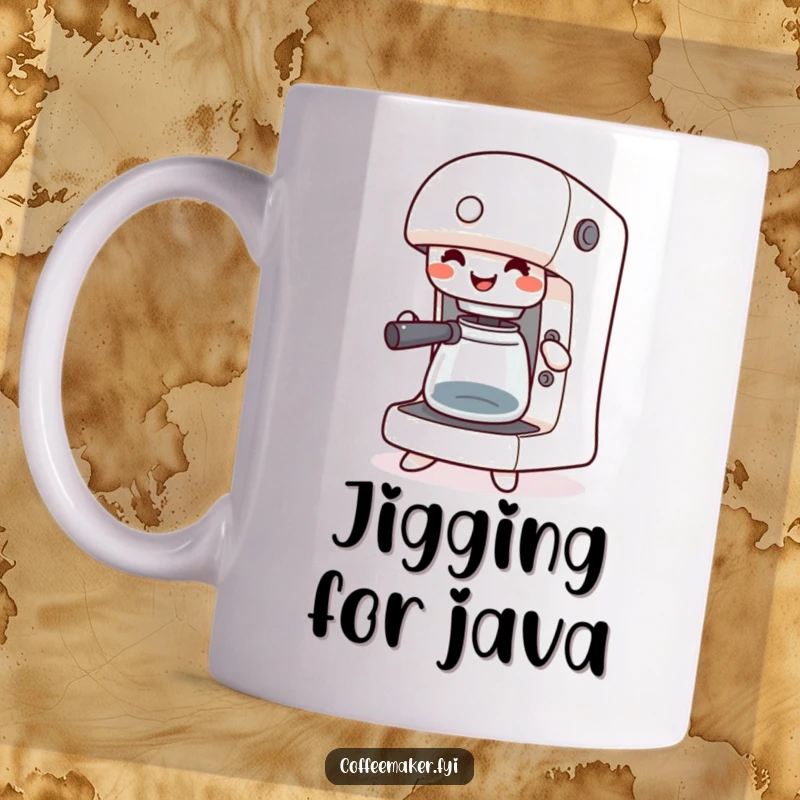 Funny kawaii coffee maker mug, happily jigging with buttons pressed, celebrating coffee and joy, a perfect gift.