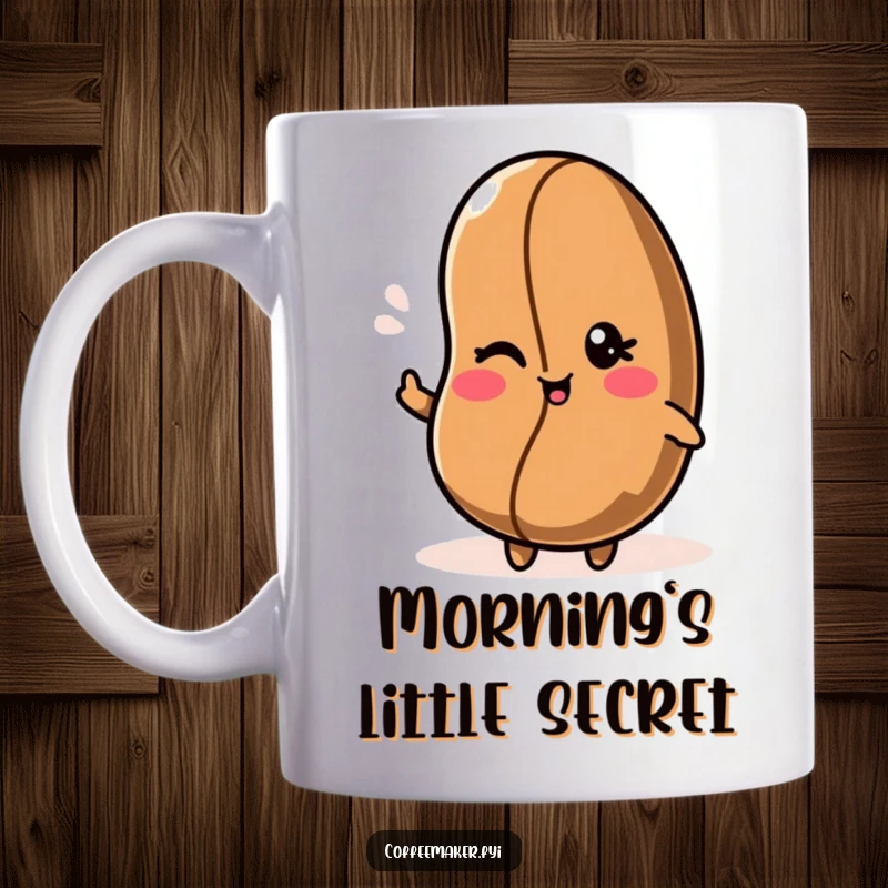 Funny Kawaii coffee bean character mug giving a playful wink, perfect for coffee enthusiasts.