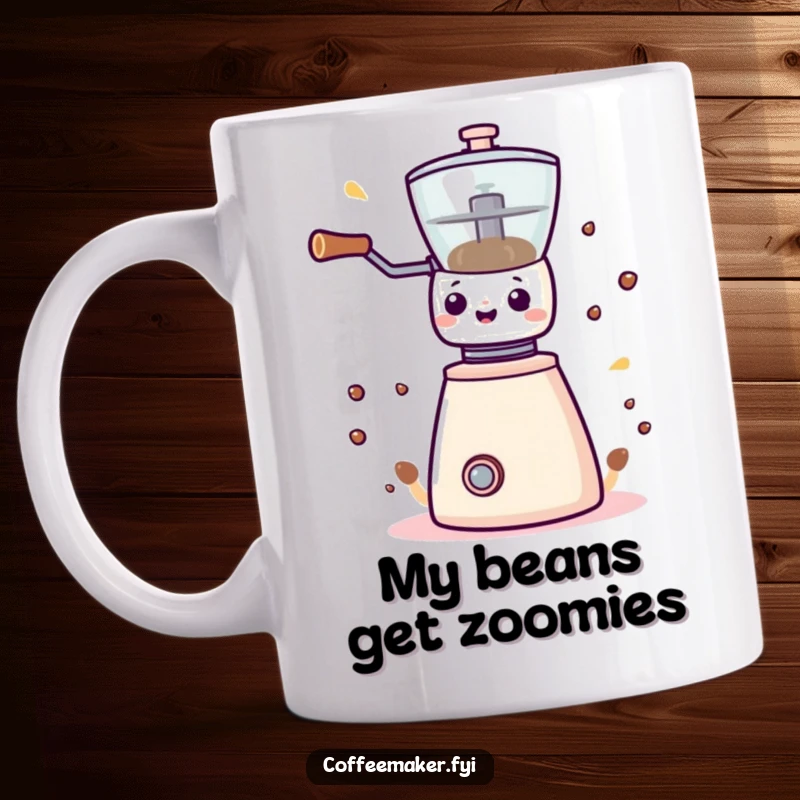 Funny Kawaii coffee grinder mug spinning energetically, brewing smiles and good vibes for coffee lovers.
